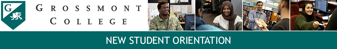 Grossmont College new student orientation header graphic and campus logo